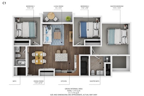 A diagram of apartment C1 showing the layout of the bedrooms, bathrooms, kitchen, dining room, and living room.